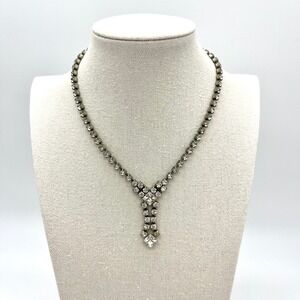 La-Rel Vintage Rhinestone Necklace Y Drop Crystal‎ Vintage Silver Tone